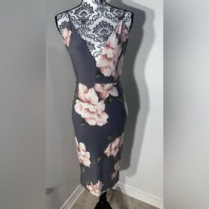 Fashion Nova Gray and Pink Floral Midi Dress